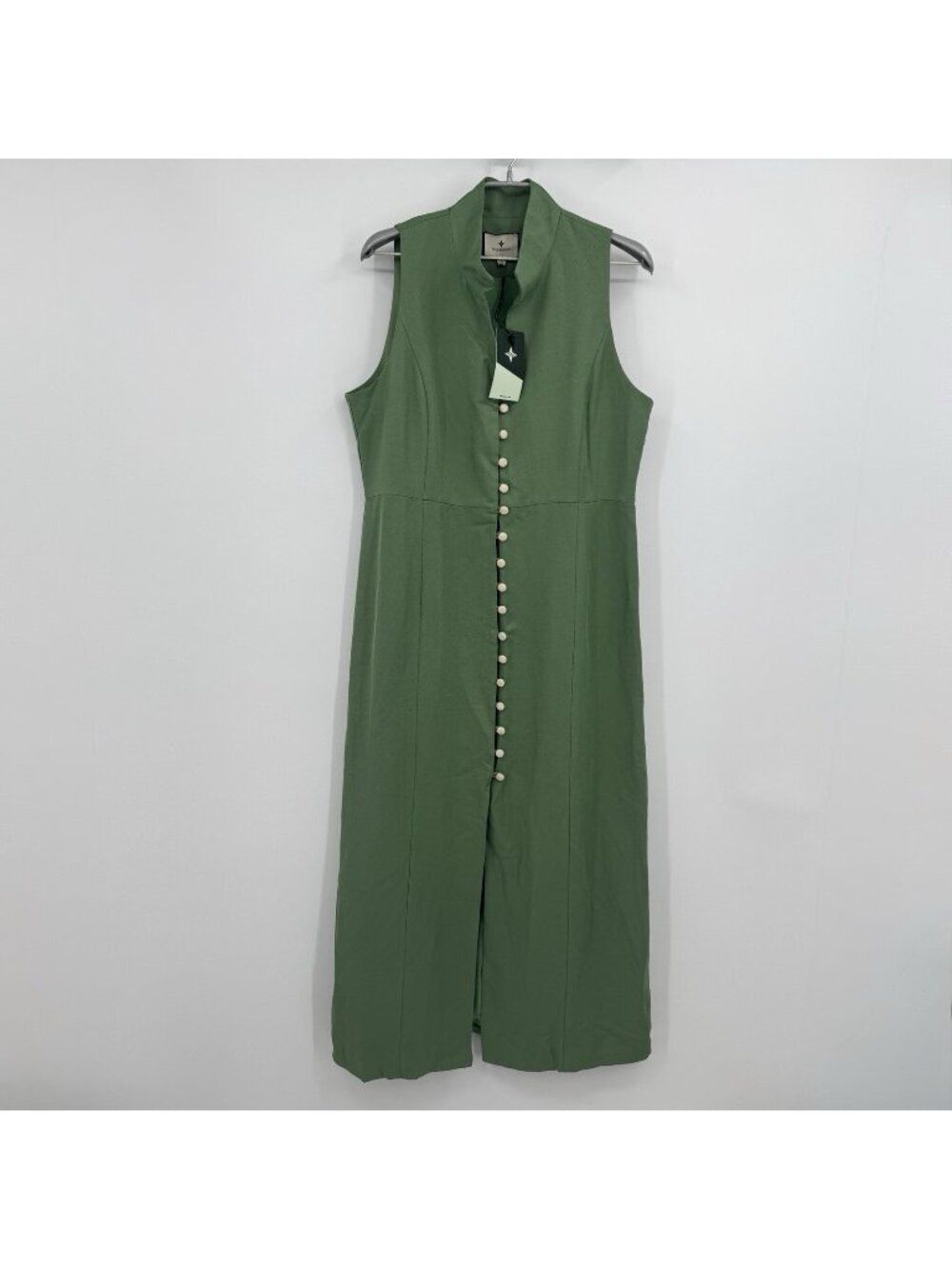 Tuckernuck Garden Green Linen Leighton Mini Dress L Sleeveless Mandarin Collar